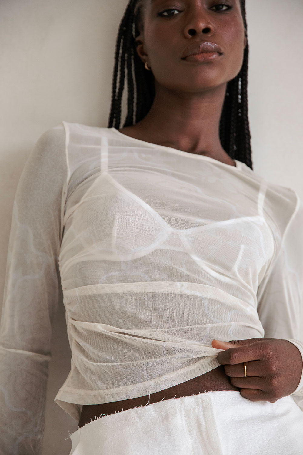 Exquisite Sabrene Sheer Mesh Floral Print Full - Length Sleeve Top