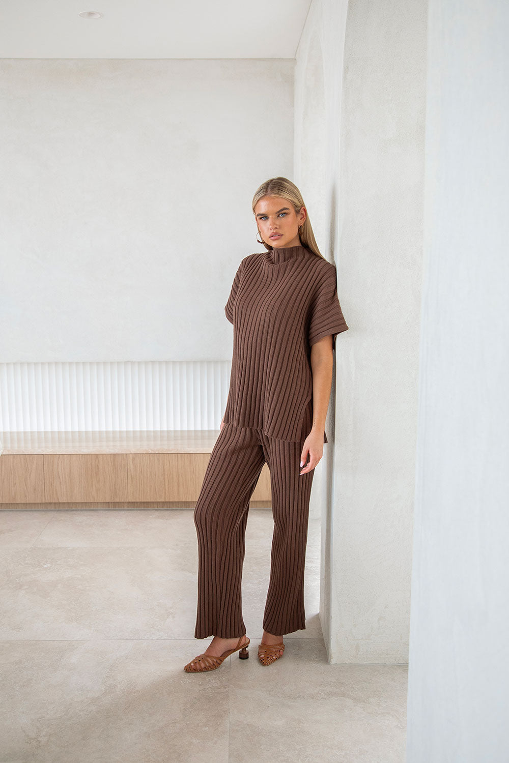 Chocolate Colored Celine Cotton Knit Ribbed Women's Pants