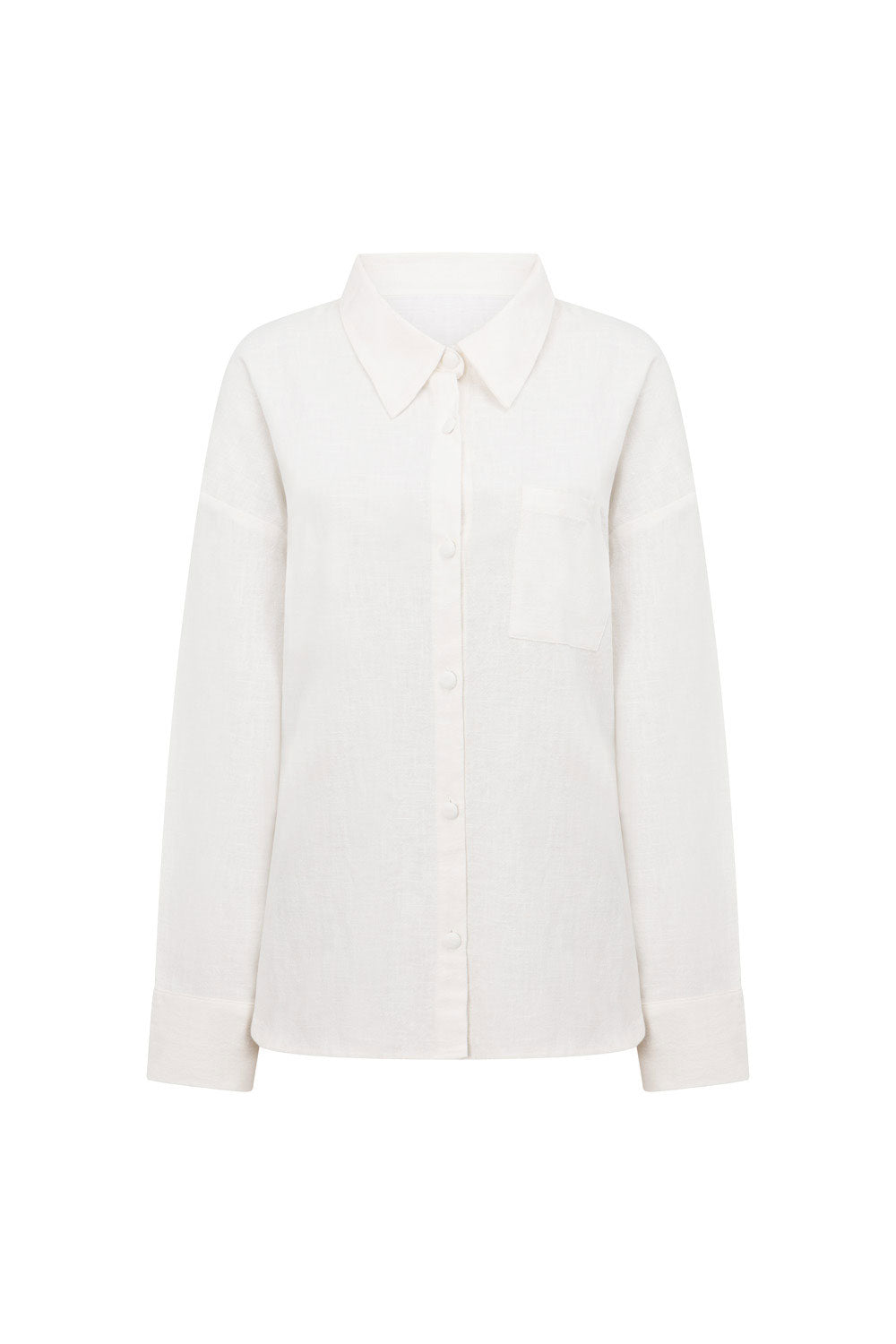 White Natural Ramie Cotton Blend Relaxed Mila Top with Collar and Pocket