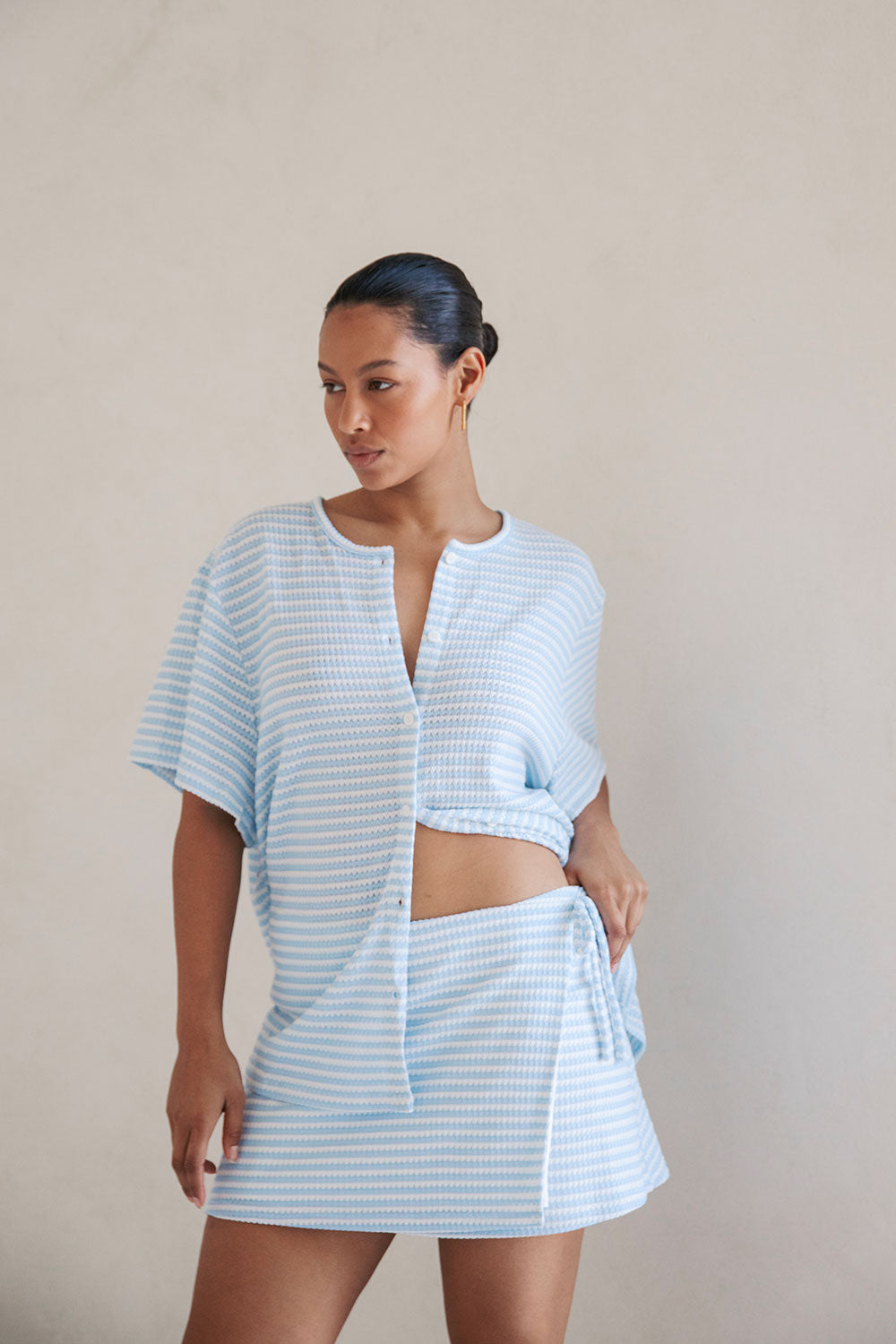 Sabo's Exclusively Designed Lightweight Knitted Baby Blue & White Striped Mini Wrap High-Waist Cassie Skirt