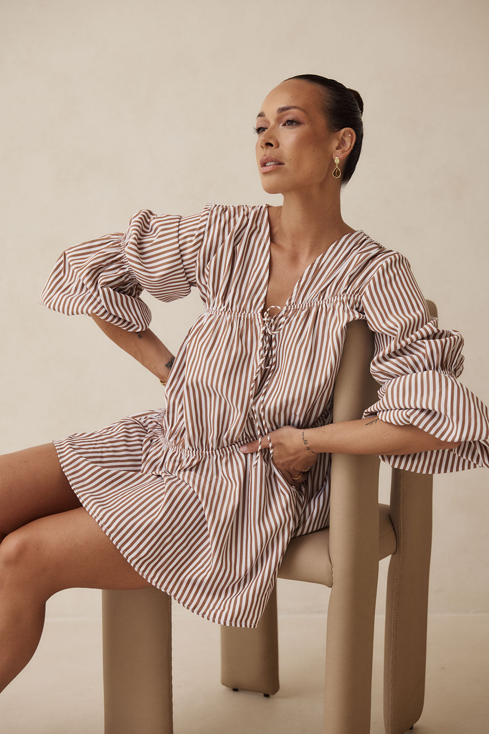 Chocolate Tan and White Striped Naloo Maternity Dress by Sabo