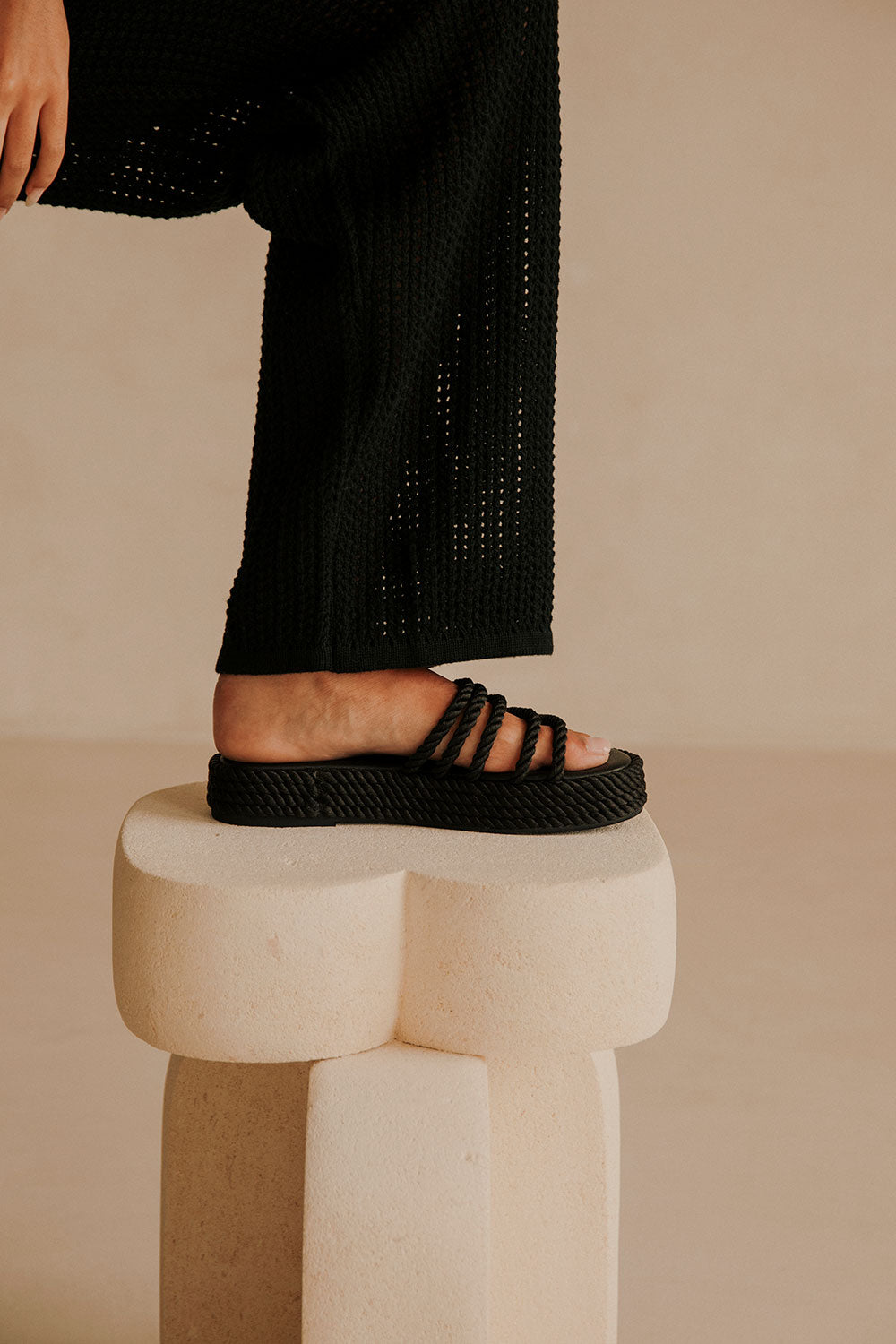 Stylish Black Fiore Platform Sandals with Rope Details