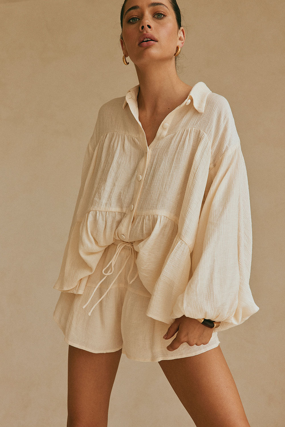 Cream-colored Sabo Huxley Shorts - A Sample Product