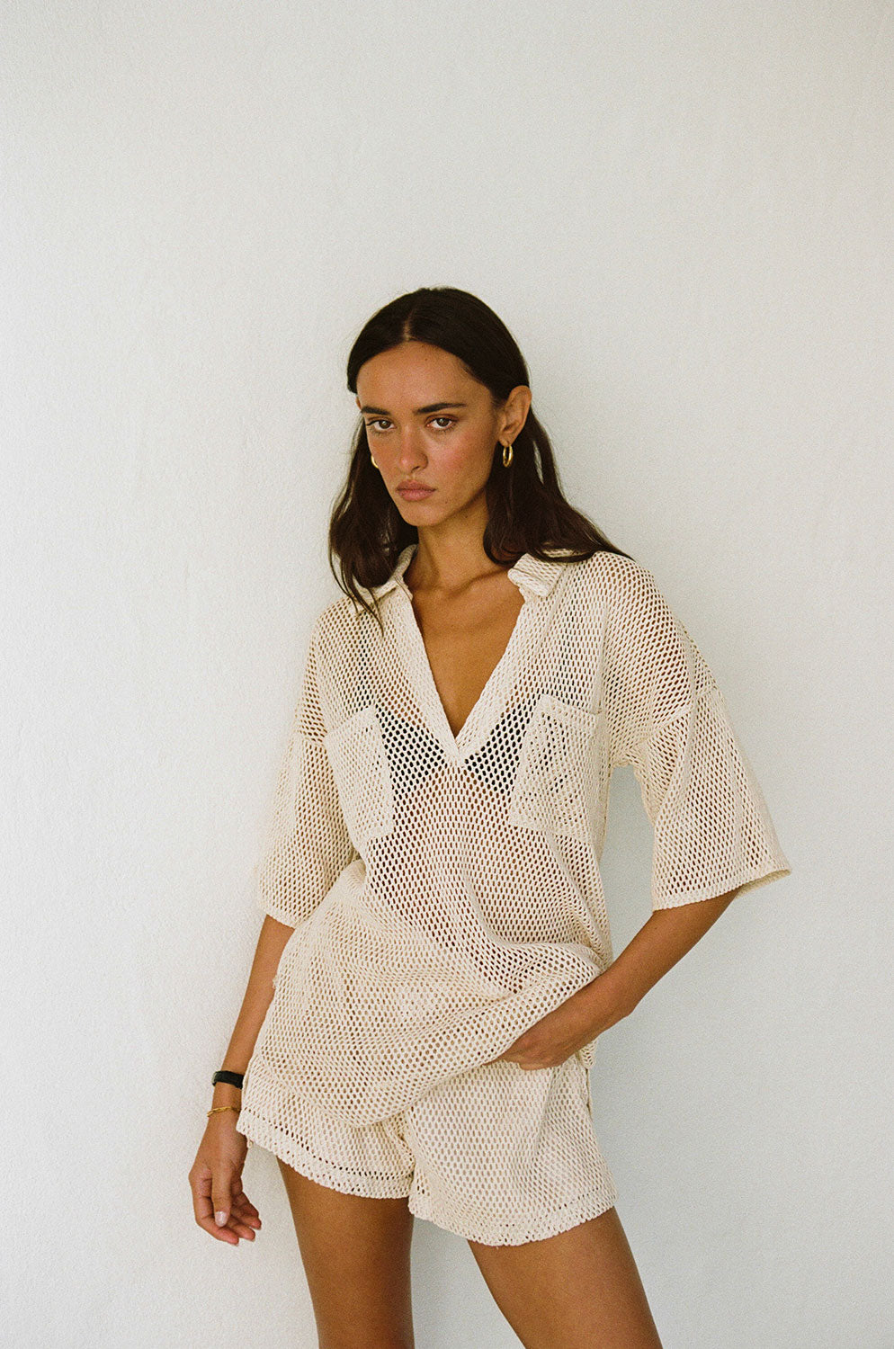 Beige Sheer Cotton Mesh Relaxed Bane Top with Collar and Pockets