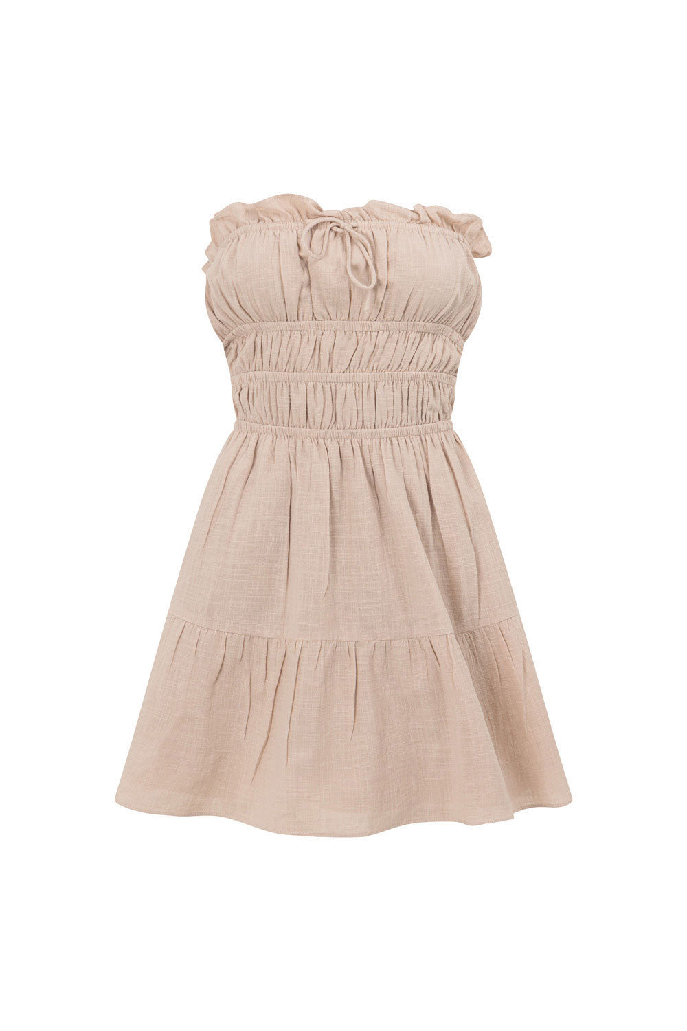 Beige Textured Cotton Blend Strapless Alaria Summer Dress