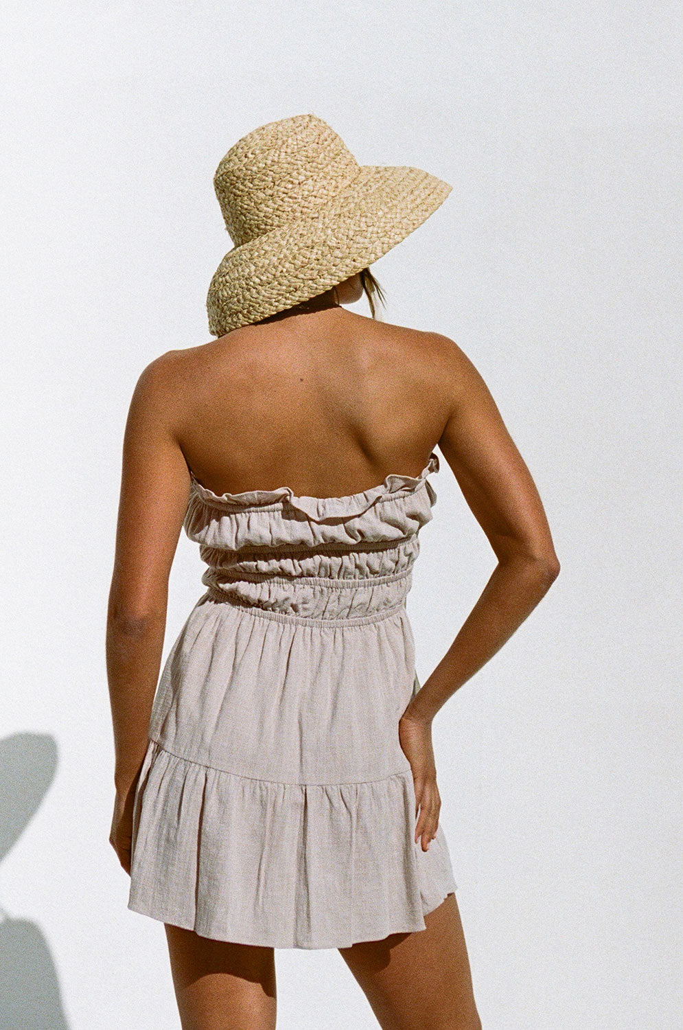 Beige Textured Cotton Blend Strapless Alaria Summer Dress