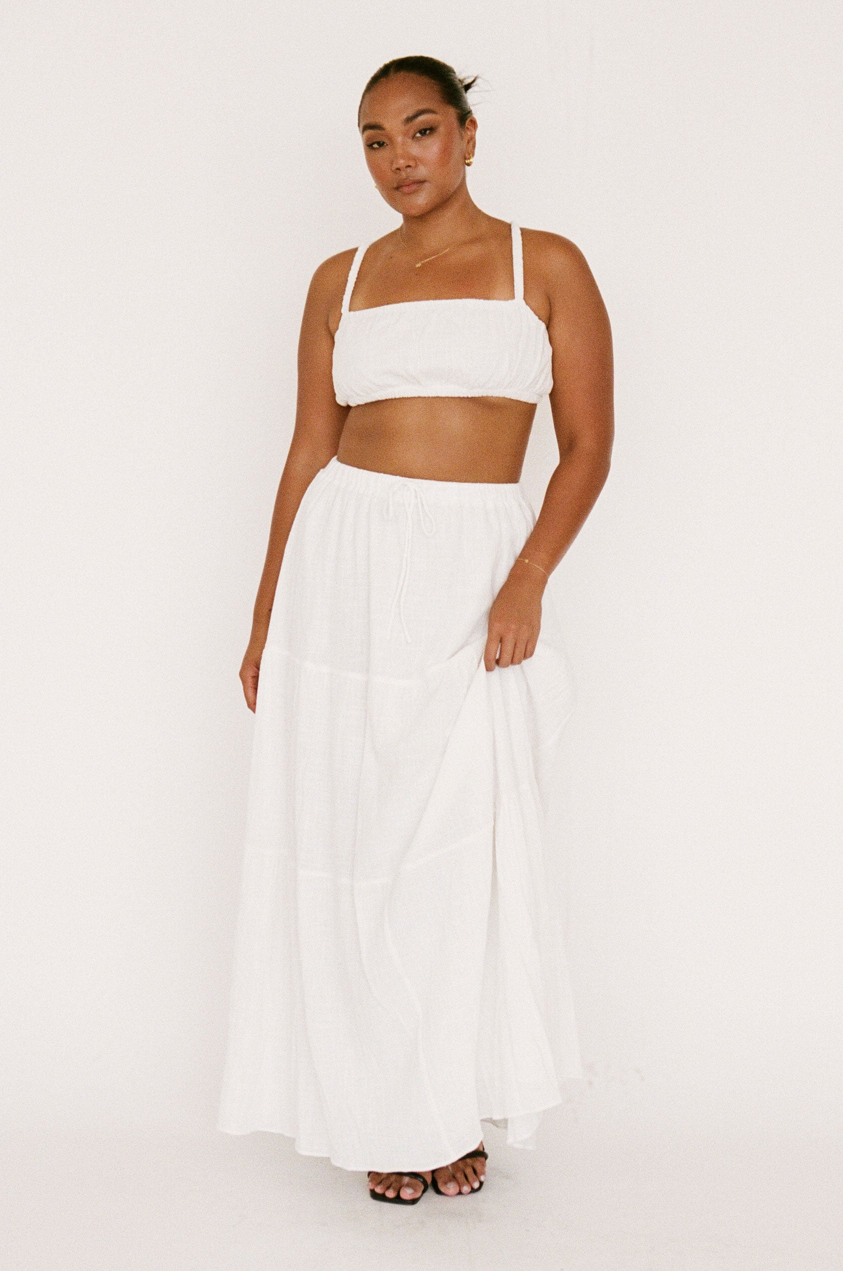 Exclusive Sabo-Designed Off-White Raw Cotton High-Waisted Elasticated Drawstring Nixie Midi Skirt