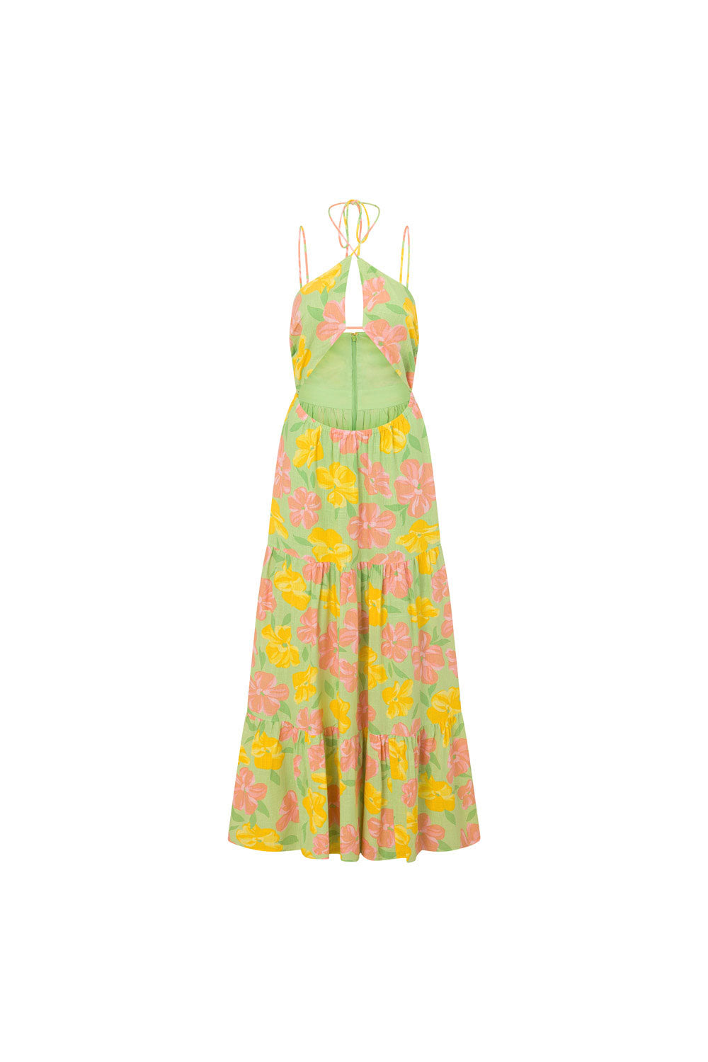High - Quality Viscose Linen Blend Addis Dress with Rose Fill Print in Green