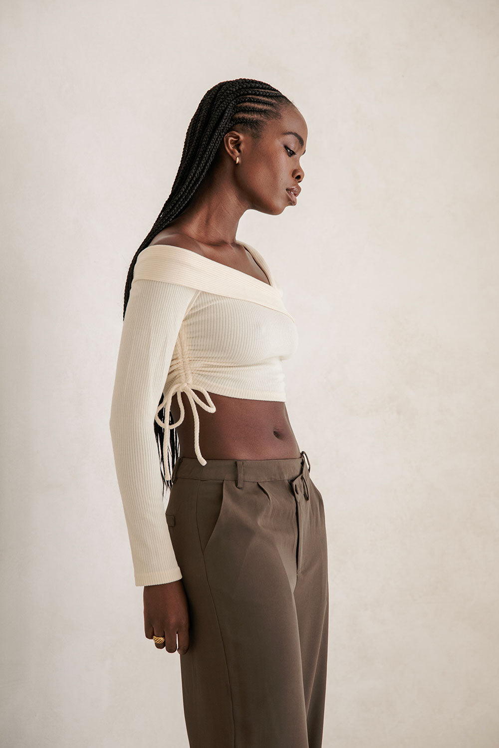 Soft Ribbed Knit Chelsie Top with Asymmetric Off - Shoulder Design