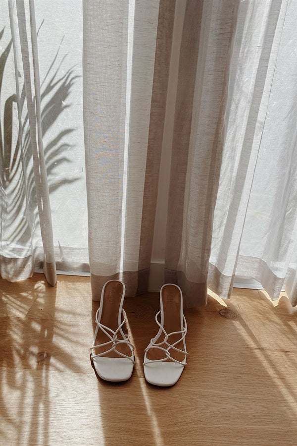 Peyton Tan Open Square Toe Women's Mules with Slim Block Heel and Strappy Detailing