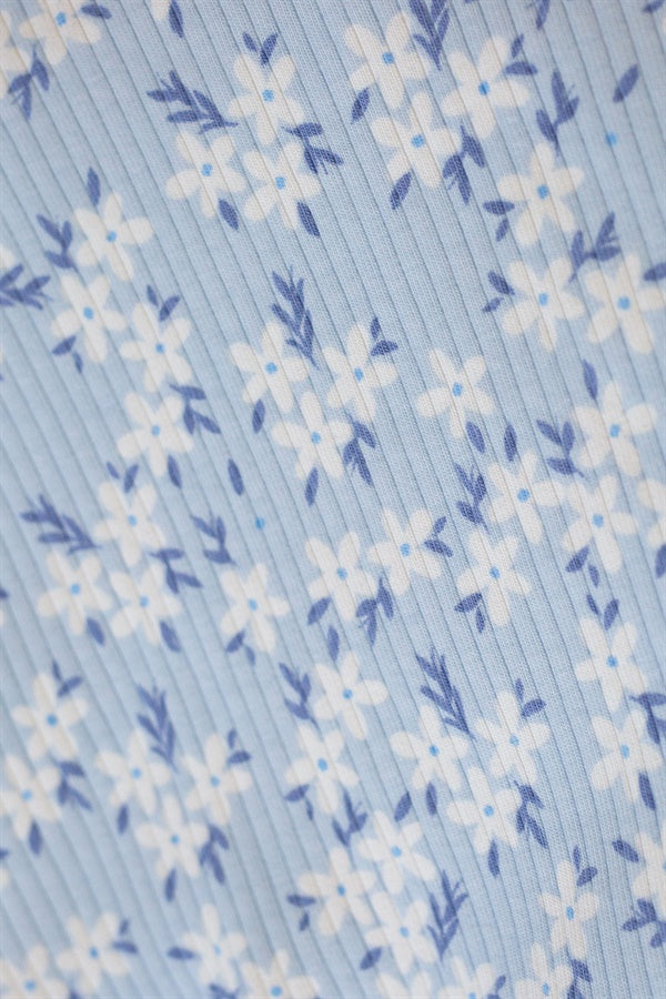 Exclusive Blue Floral Print High - Quality Natural Cotton Ribbed Anja Slip Dress