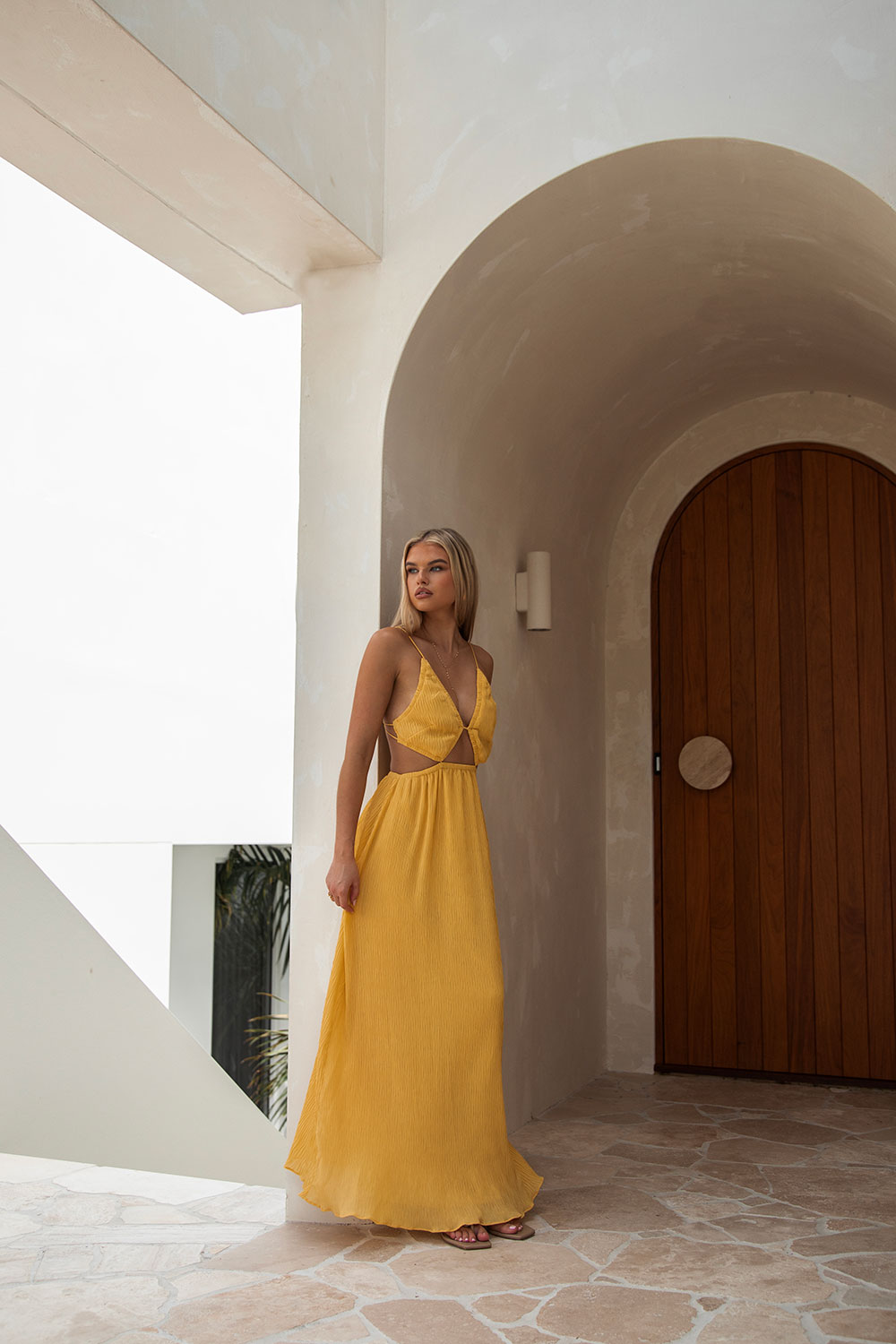 Stylish Mustard Crepe Mable Dress with Rouleau Straps and Ruffle Trim