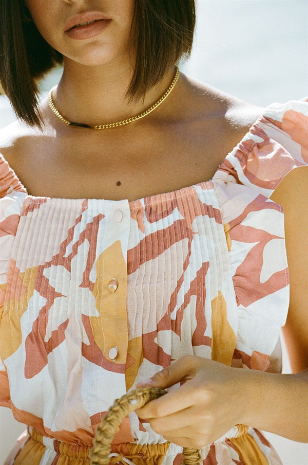 Exclusive Blush Floral Printed Linen Cotton Blend Mao Dress with Ruffles