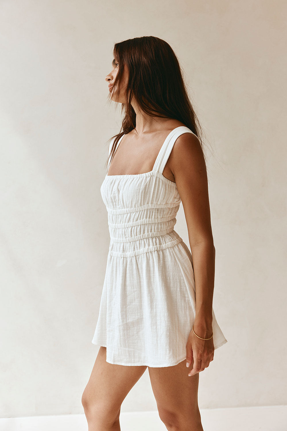 Exclusively Designed White Natural Cotton Slub Bessi Mini Dress