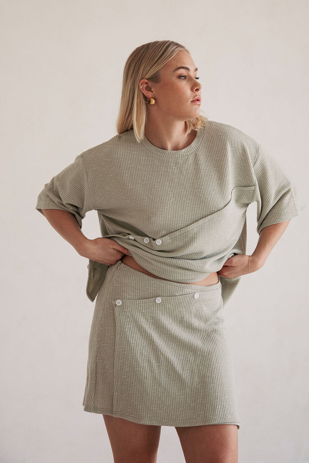 Soft Sage Ribbed High-Waisted Wrap-Front Button Mini Anya Skirt