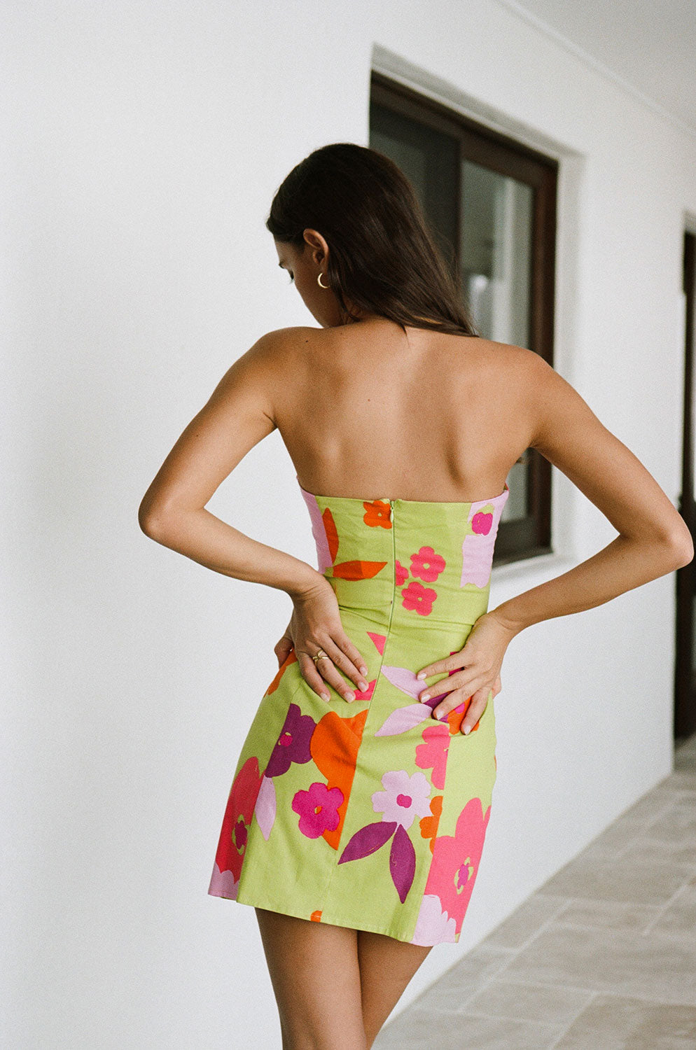 Lime Floral Romee Lace Up Strapless Mini Dress