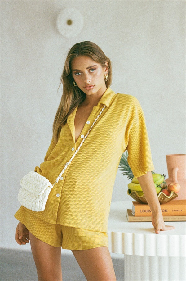Mustard Soft Waffle Fabric Kase Top for Sunkissed Vacation