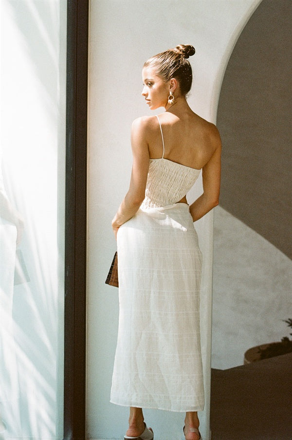 Sabo's Exclusive Cream Midi Halle Shirred Dress for Versatile Styling