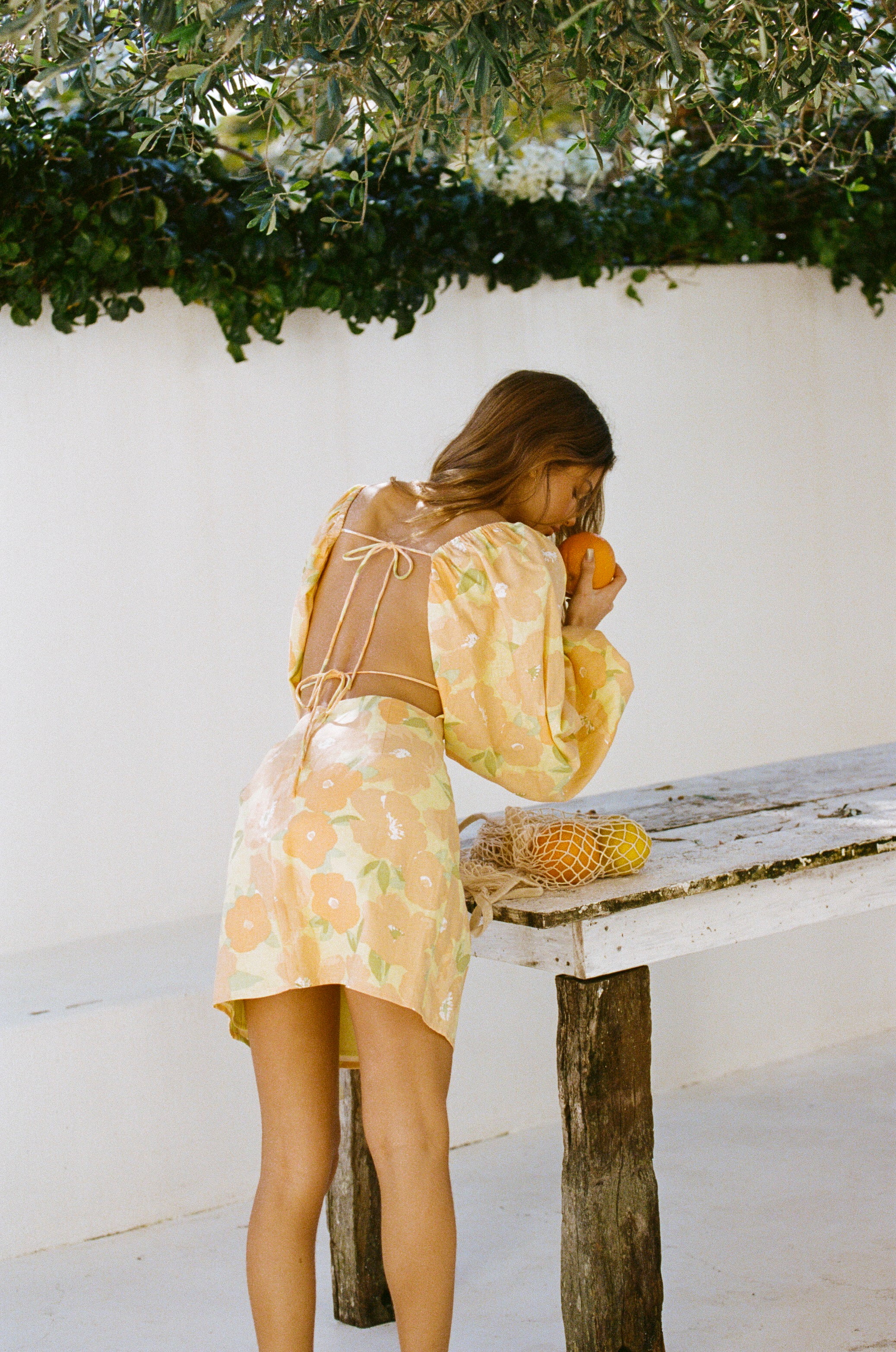 Exclusive Floral Citrus Print Backless Linen Cotton Blend Zhuri Dress