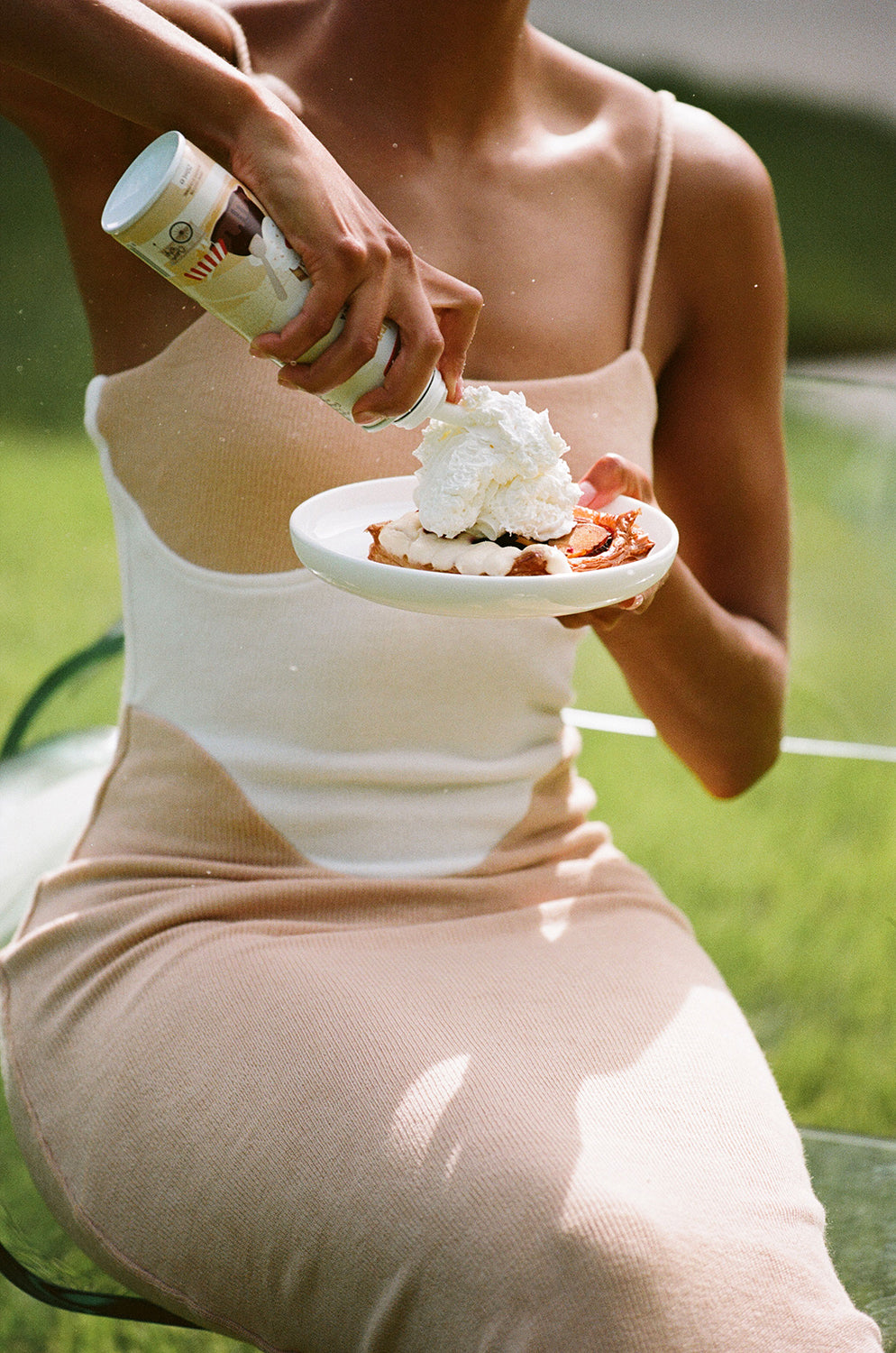 Stylish Tan and White Ribbed Kimii Dress with Unique Design Elements