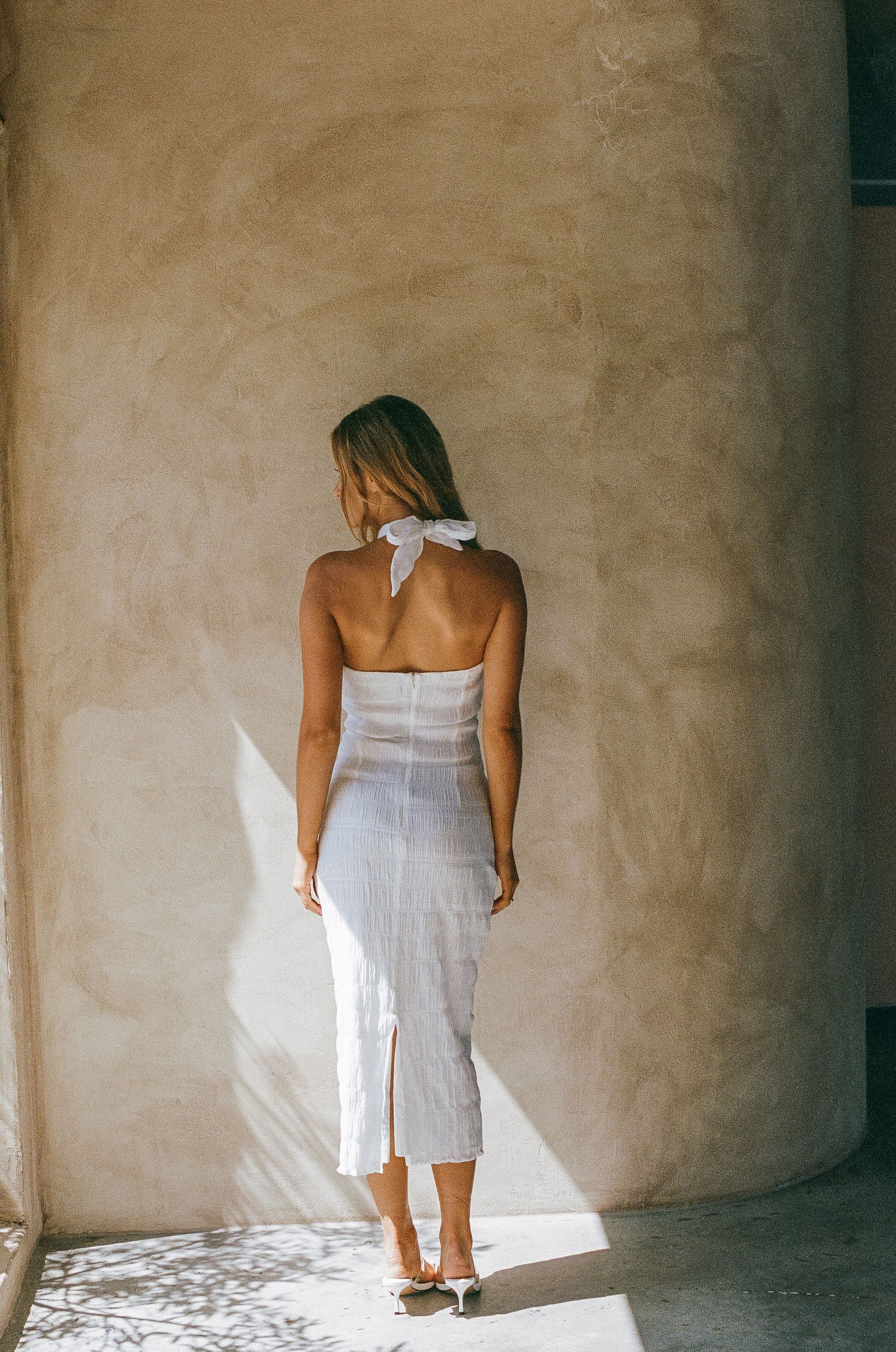 Elegant White Crepe Arlet Halter Dress for Bridal Showers