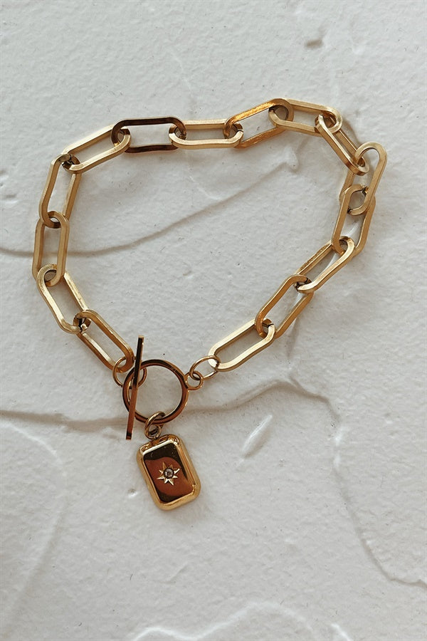 Stylish Gold - Toned T Bar Luminous Charm Link Bracelet