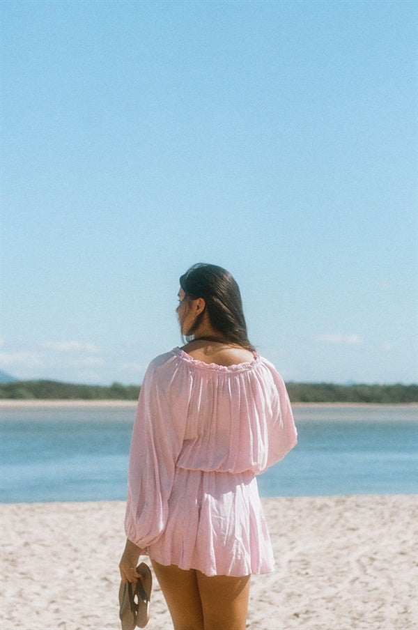 Soft Pink Lightweight Rayon Emmie Dress with Puff Sleeves and Flouncy Skirt