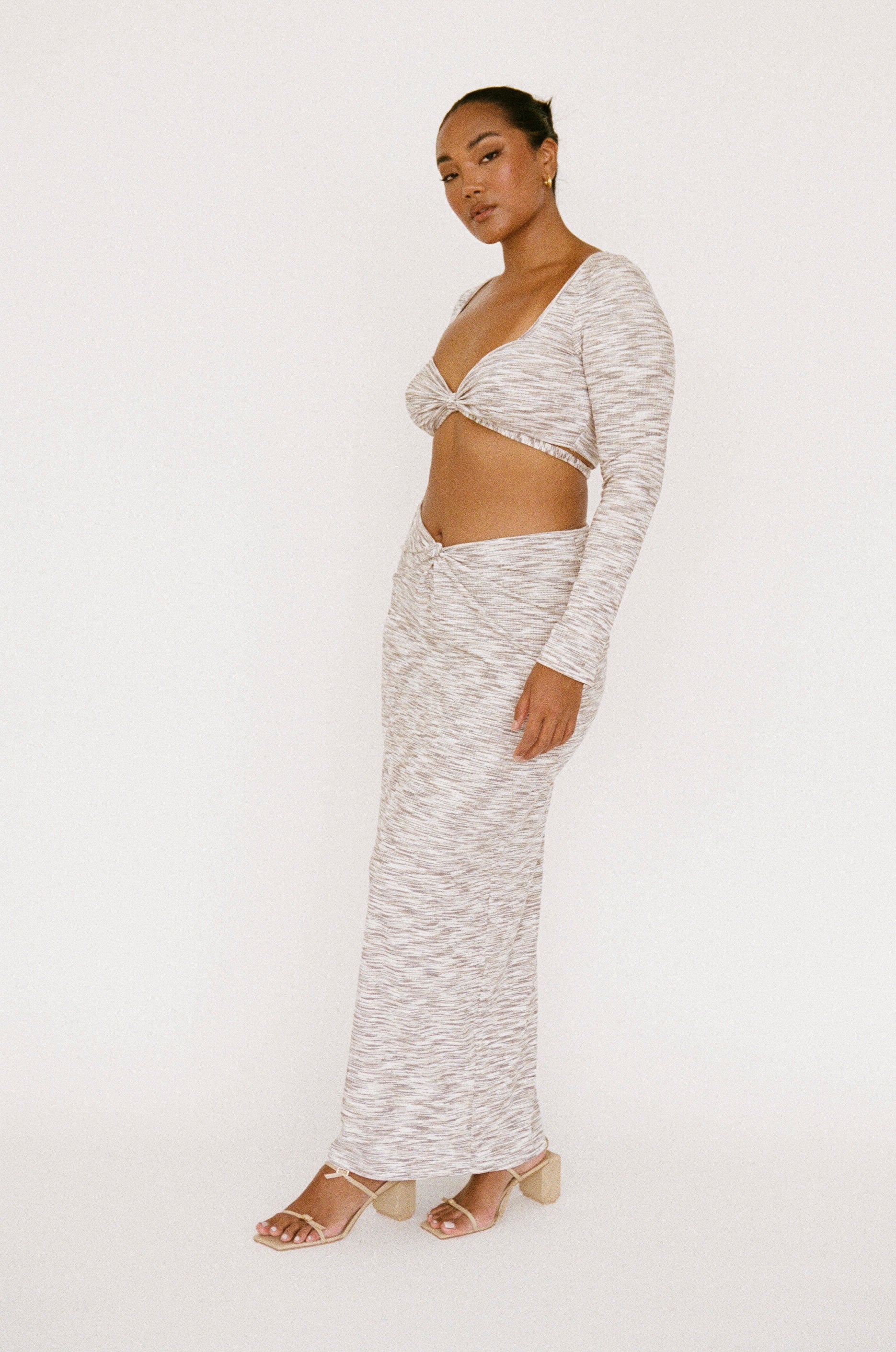 Stylish Sabo-designed Grey, Tan and White Marl Ribbed Kirri Midi Skirt