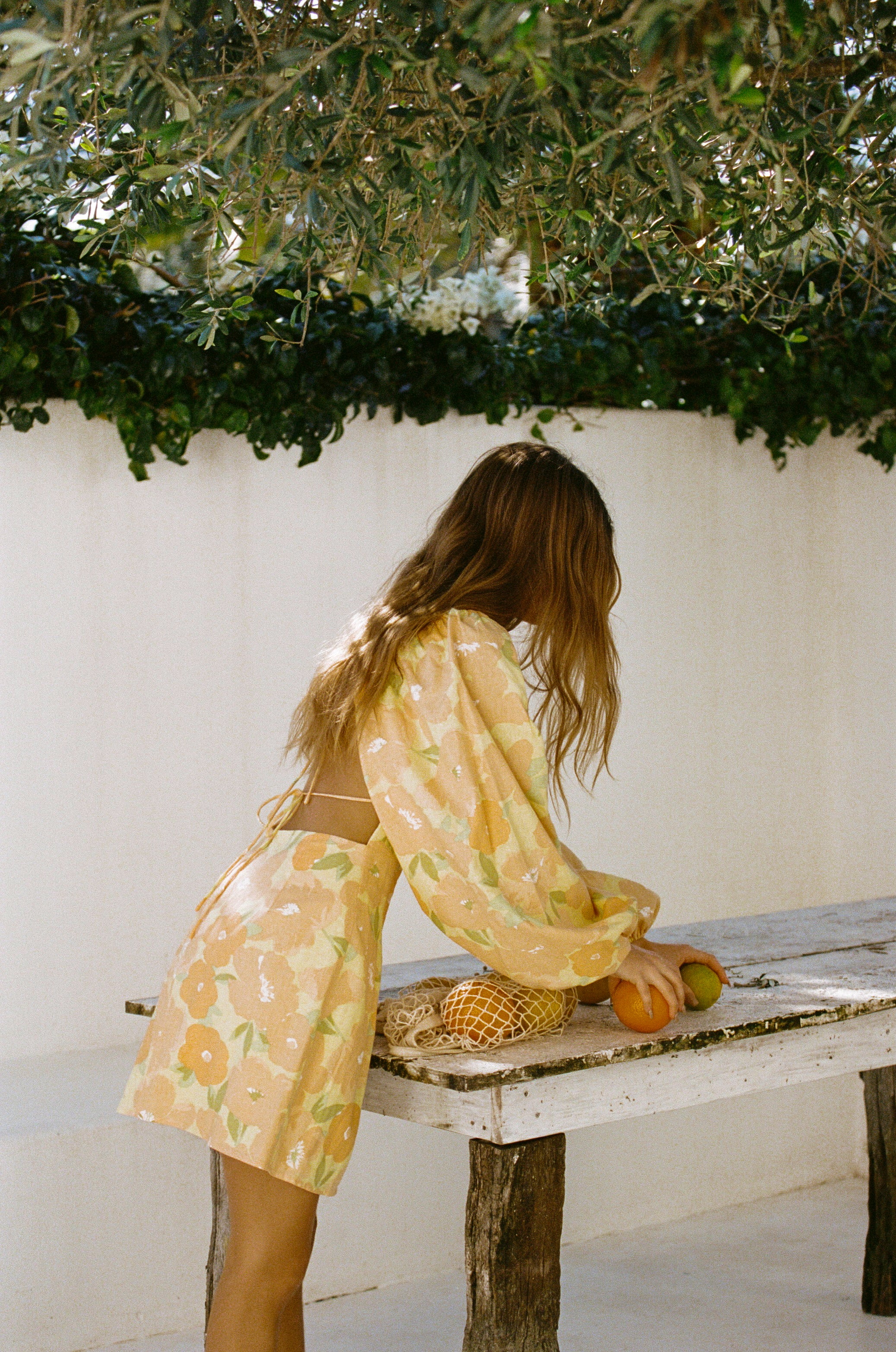Exclusive Floral Citrus Print Backless Linen Cotton Blend Zhuri Dress