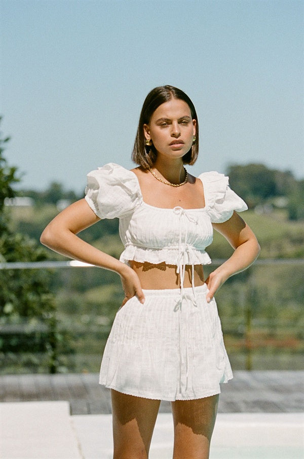 Off-White Gauze Cotton High-Waisted Piccolo Shorts with Lace Trim
