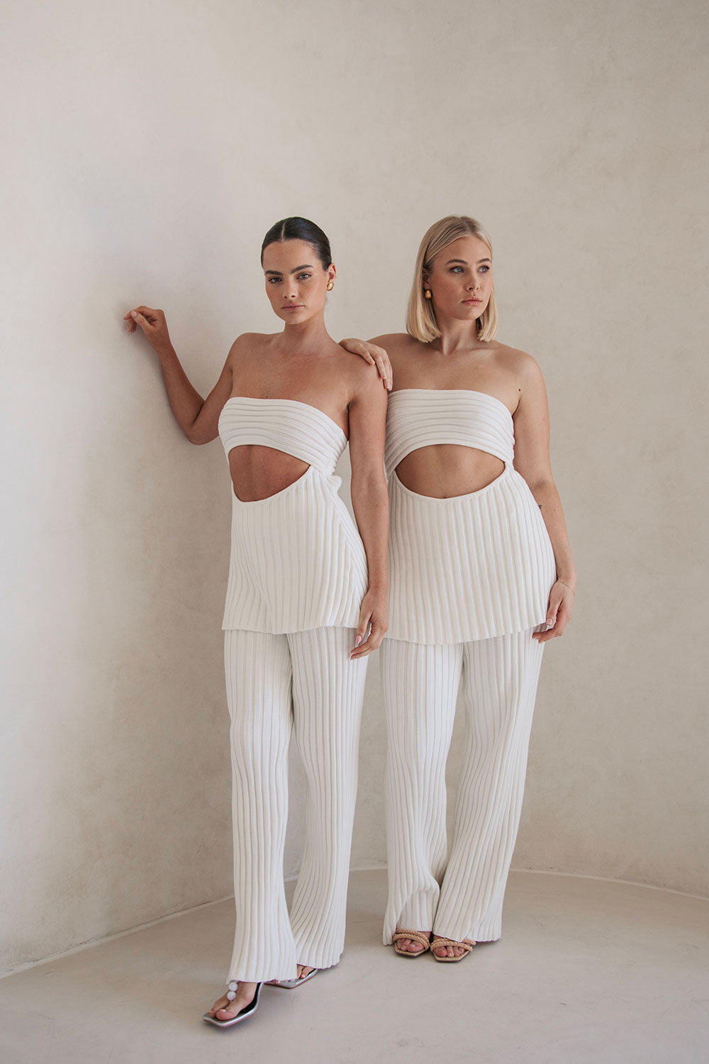 Sabo Exclusive White Structured Ribbed Knit High Waisted Elasticated Waist Stevie Pants