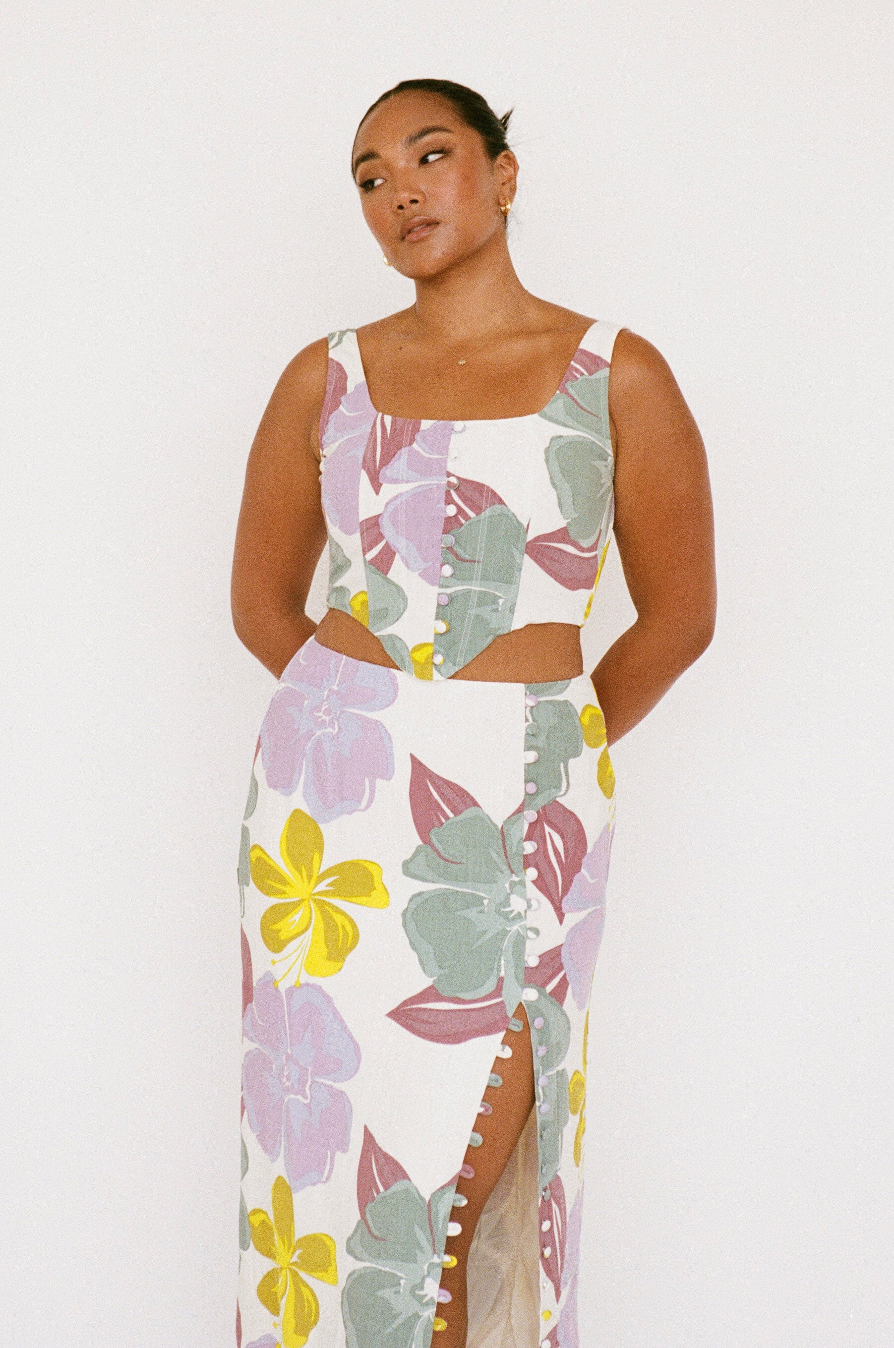 Oralia Royal Floral Print Viscose Linen Blend Corset Style Women's Top