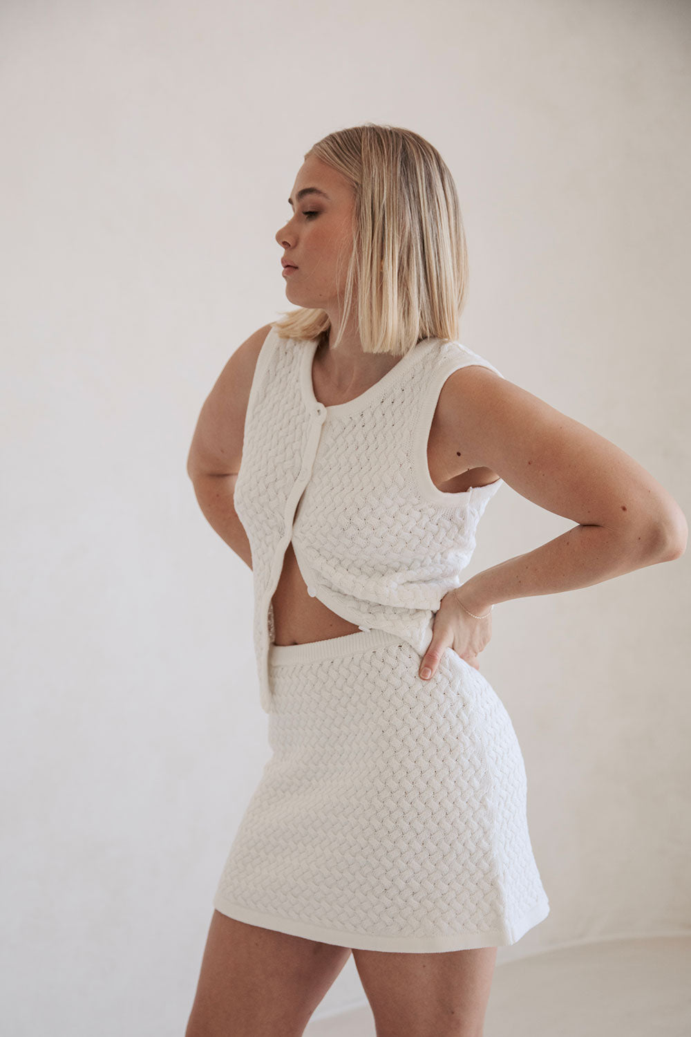 Avalon Natural Cotton Basket Knit Fitted Mini Skirt with Elastic Waist
