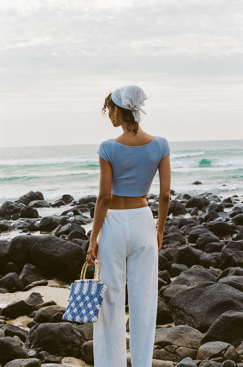 Soft Ribbed Blue Ocean Top with Cap Sleeves and Cropped Hem