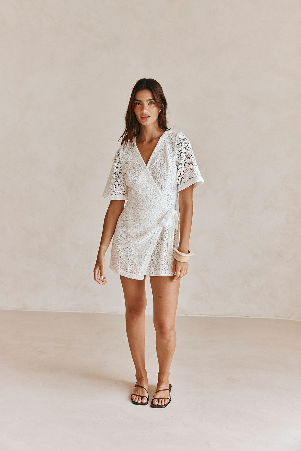 Exquisite White Crochet Wrap-Style Eliza Dress