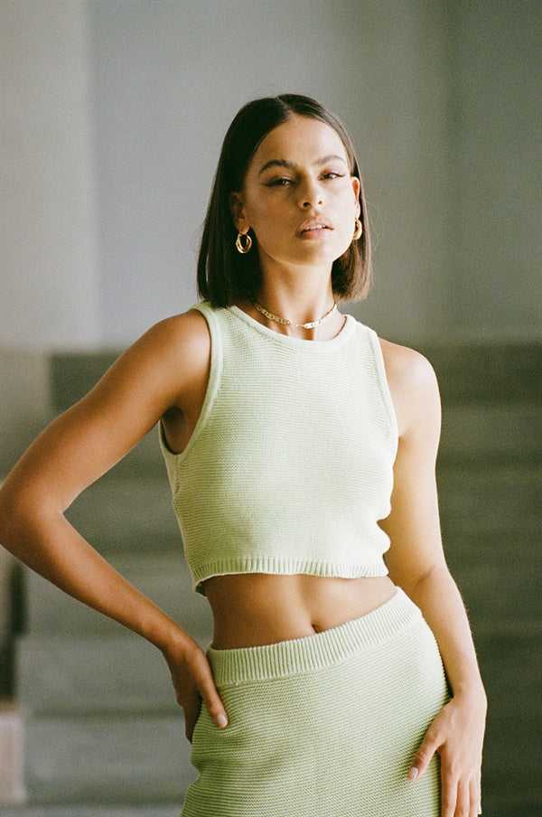 Forest - Fresh Green Natural Cotton Heather Knit Skirt with Elastic Waist
