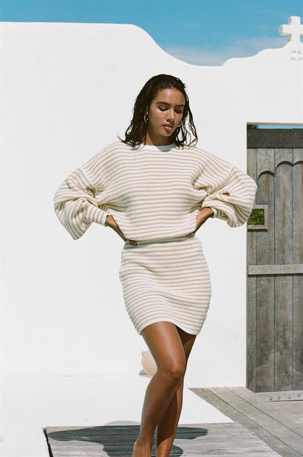 Stylish Cream-Hued Ribbed Kalia Dress with Tan Stripes