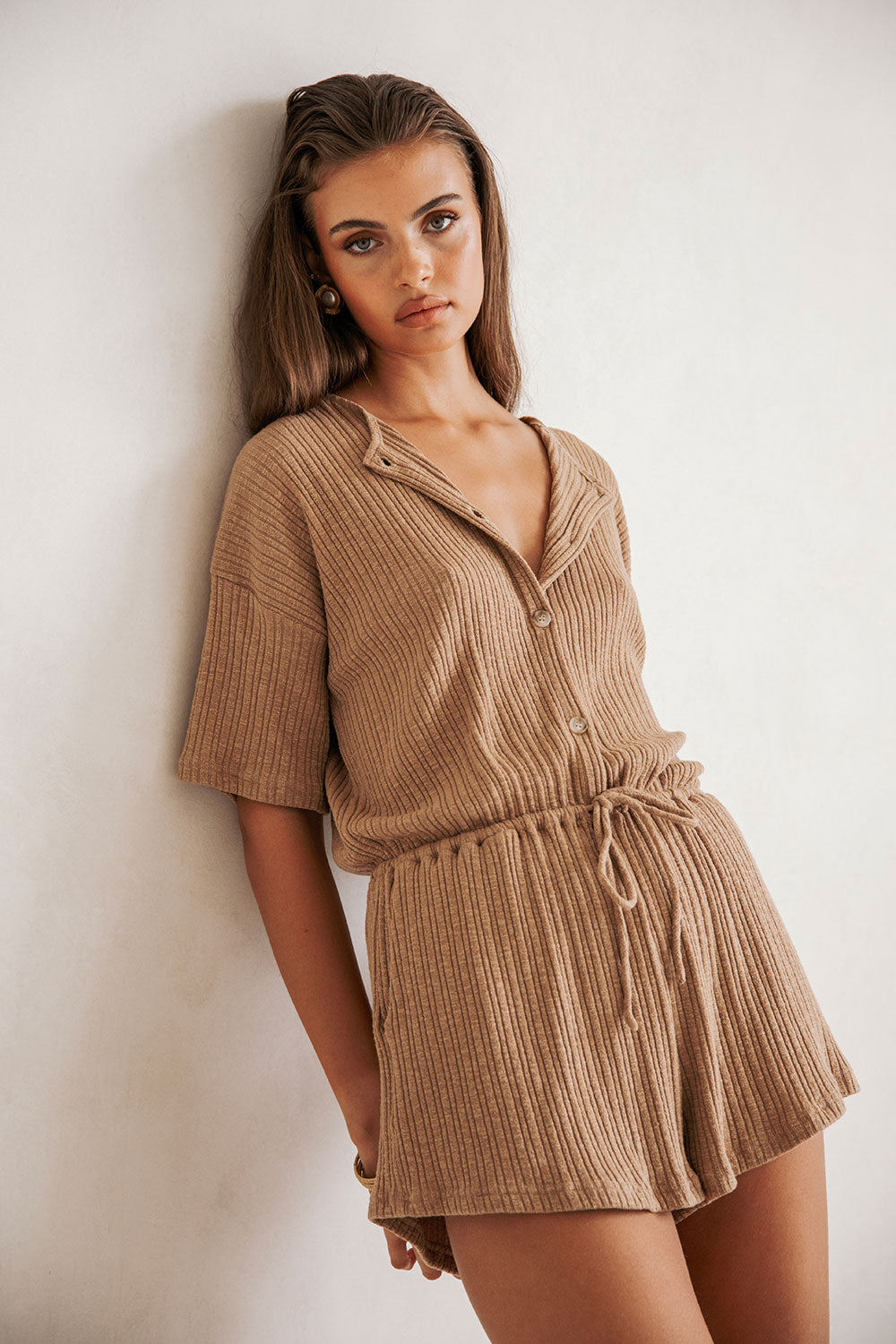 Sabo's Exclusive Juniper Tan Textured Ribbed Biscotti Colored Playsuit for a Comfy and Cute Look