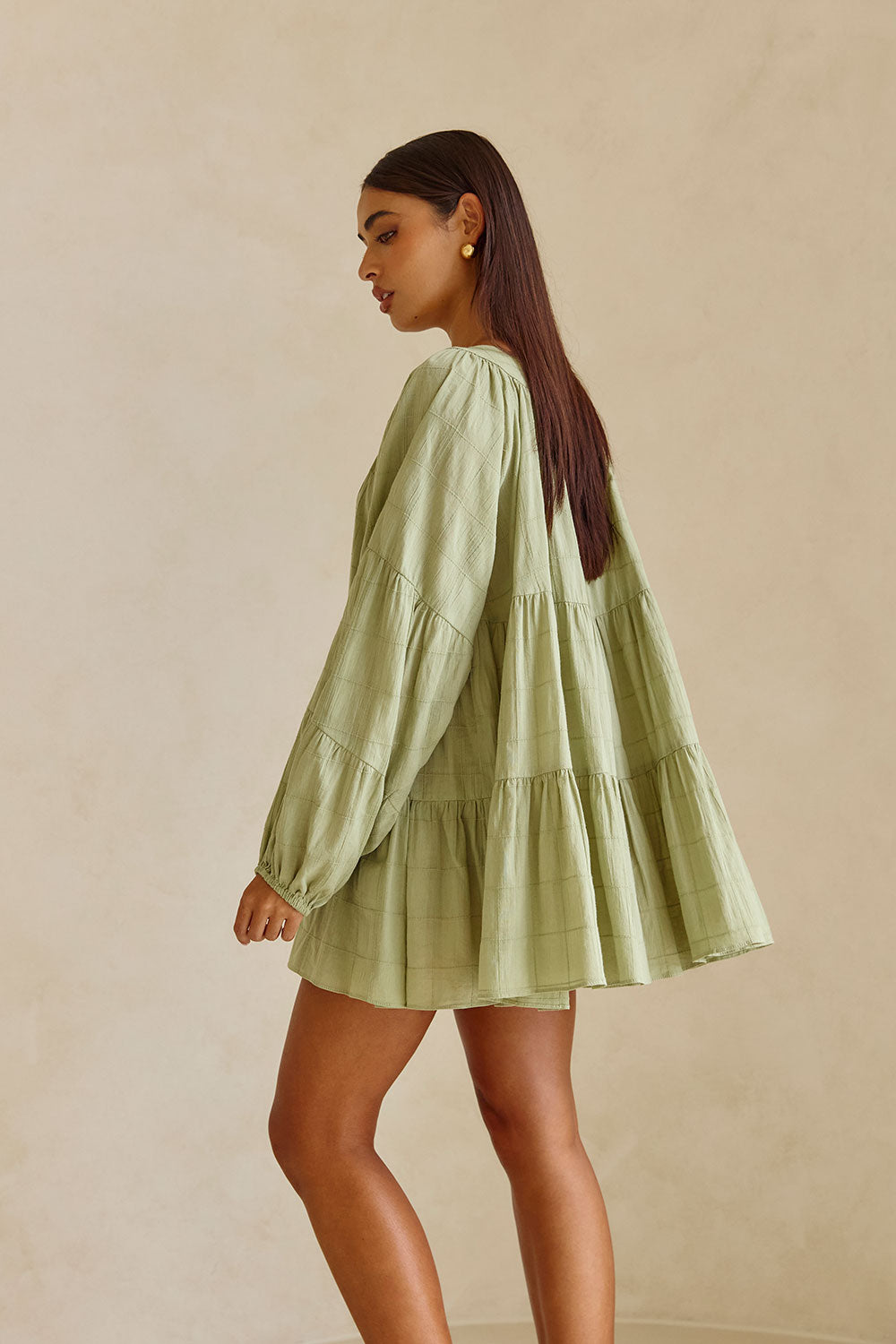 Soft Green Natural Cotton Self Check Stylish Mini East Dress