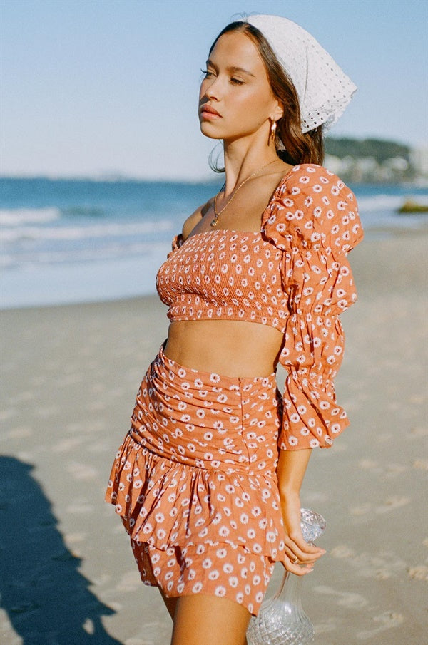 Sabo's Exclusively Designed Burnt Orange Cropped Emory Cotton Top with Florals