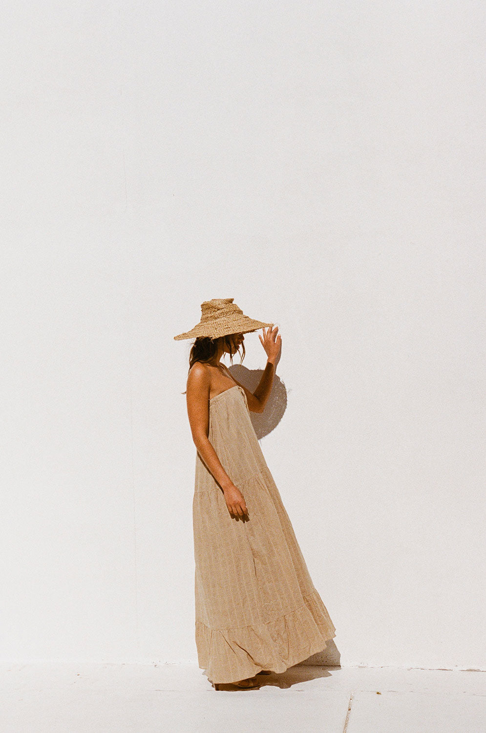 Sabo's Exclusive Lightweight Tan Cotton Self Stripe Plaid Strapless Maxi Bella Dress