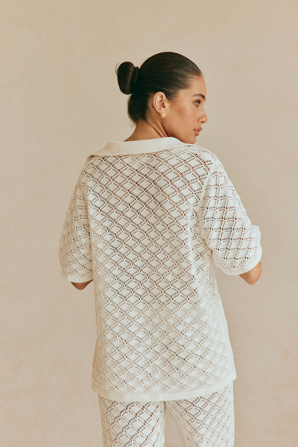 Elegant White Natural Cotton Knit Aya Top with Vintage Charm