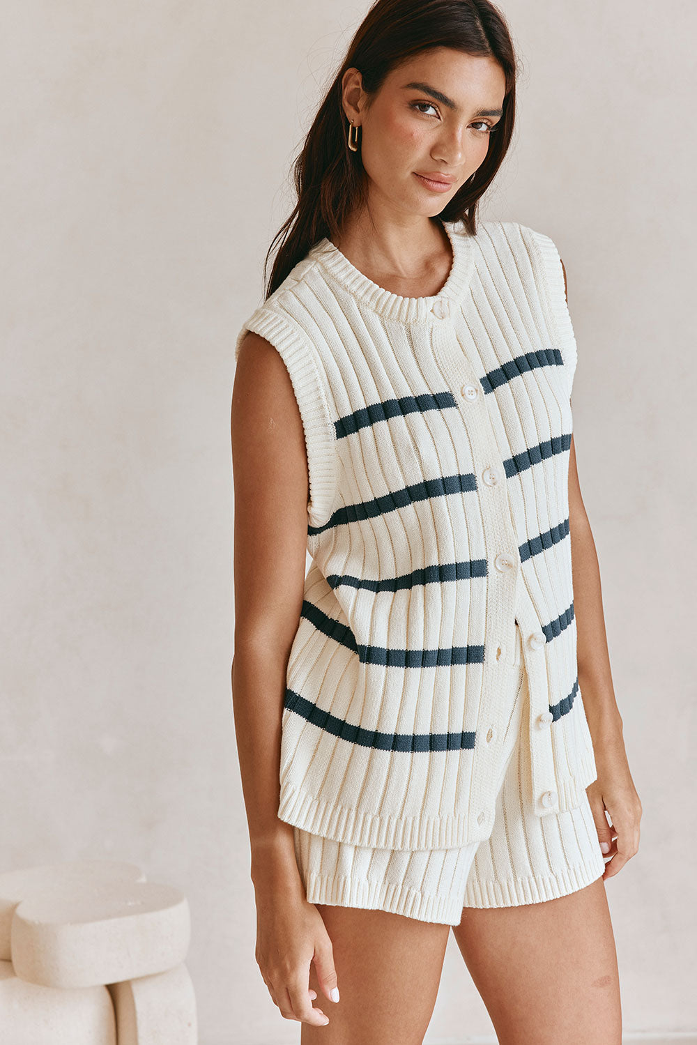 High - quality White with Navy Stripes Boxy Cotton Blend Rib Knit Depp Top