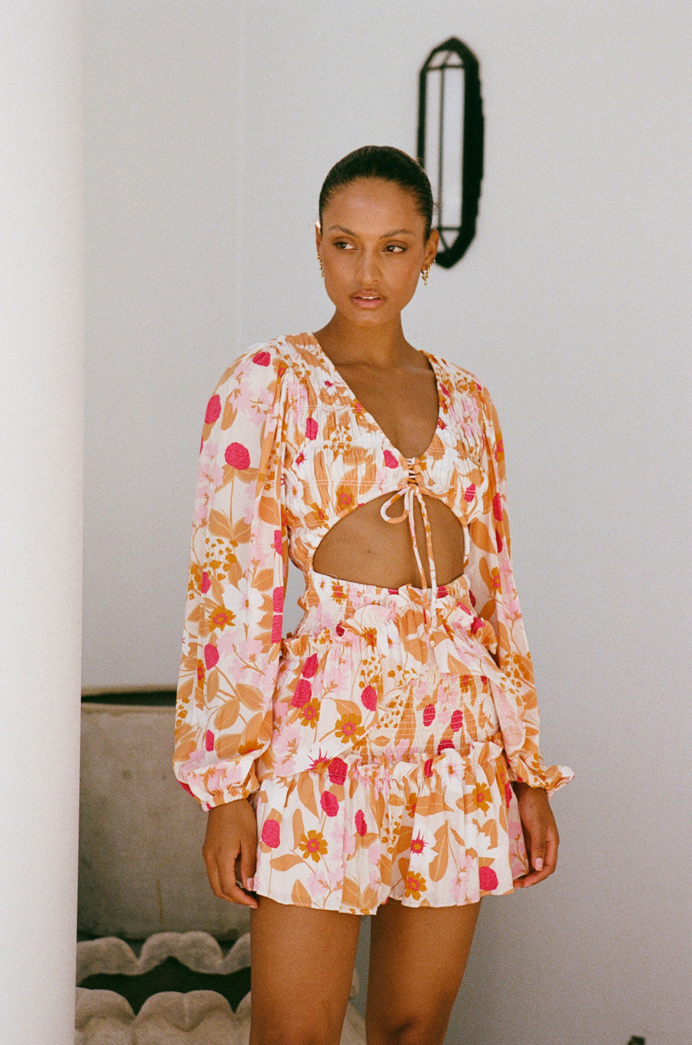 Sabo Exclusive Peach Bud Floral Print Crinkle Lorde Cut - Out Dress