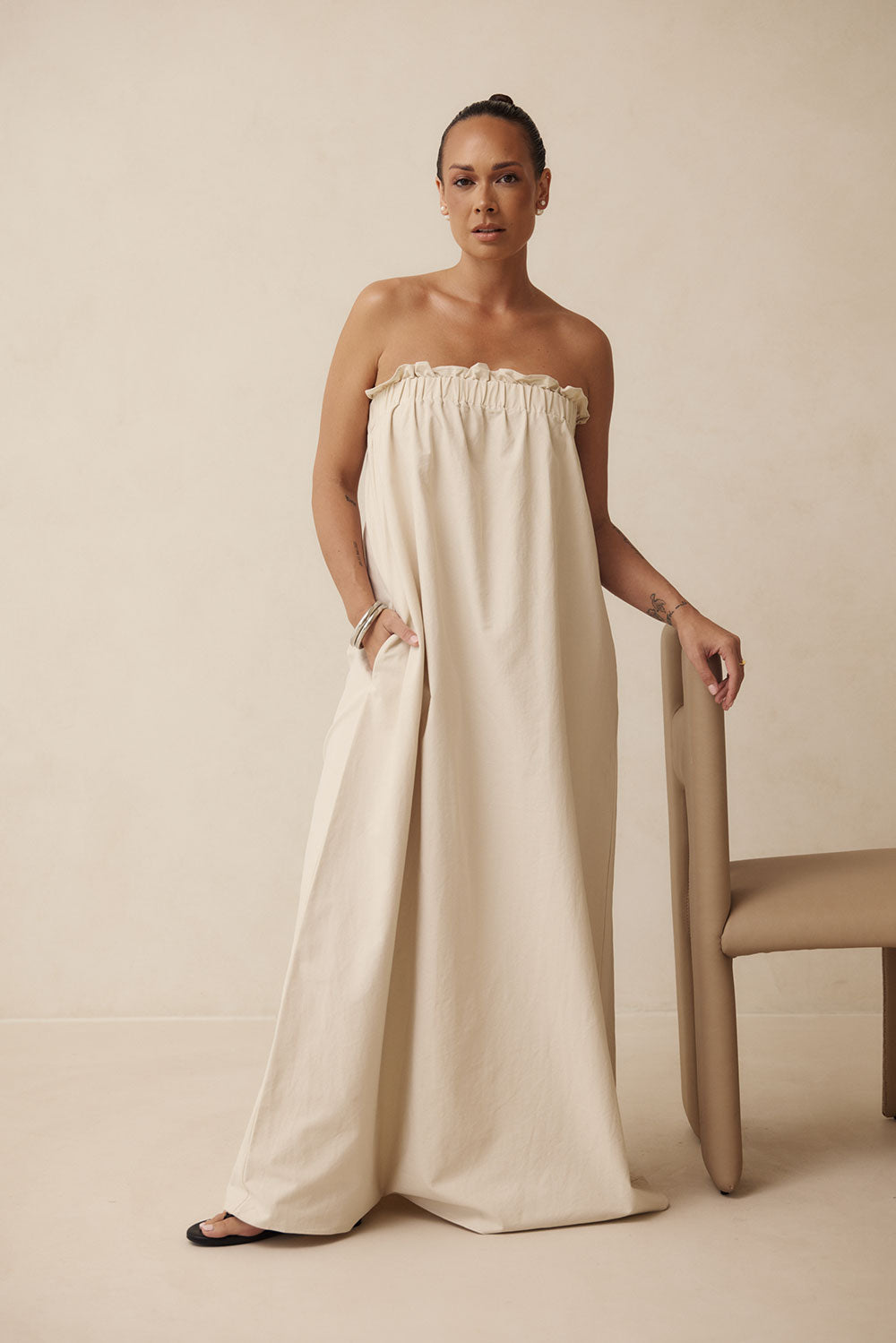 Exquisite Creamy Beige Strapless Ruffle Lila Maxi Dress from SABO x Kayla Boyd