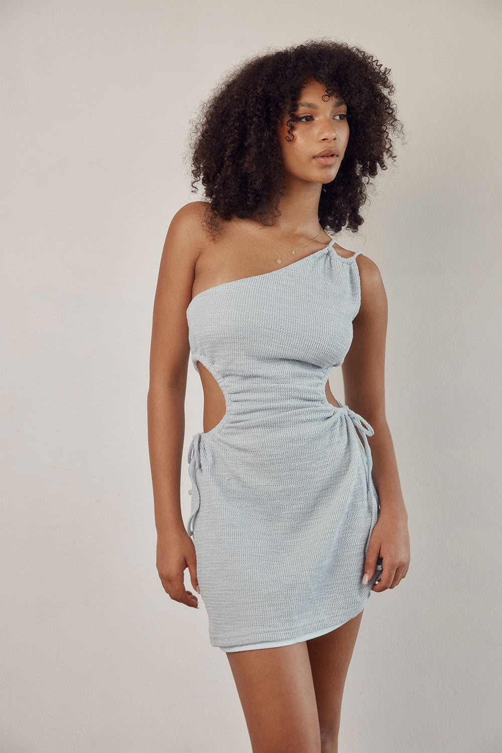 Light Blue Knit Cotton Blend Melanie Dress with Waist Cutouts and Shoulder Straps