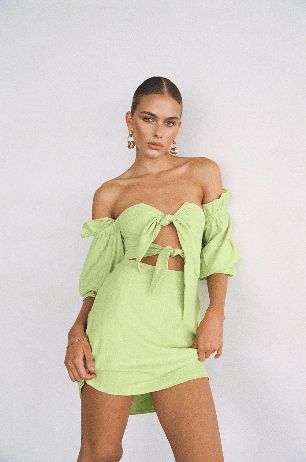 Stylish Green Mira Off - Shoulder Cutout Mini Dress by Sabo