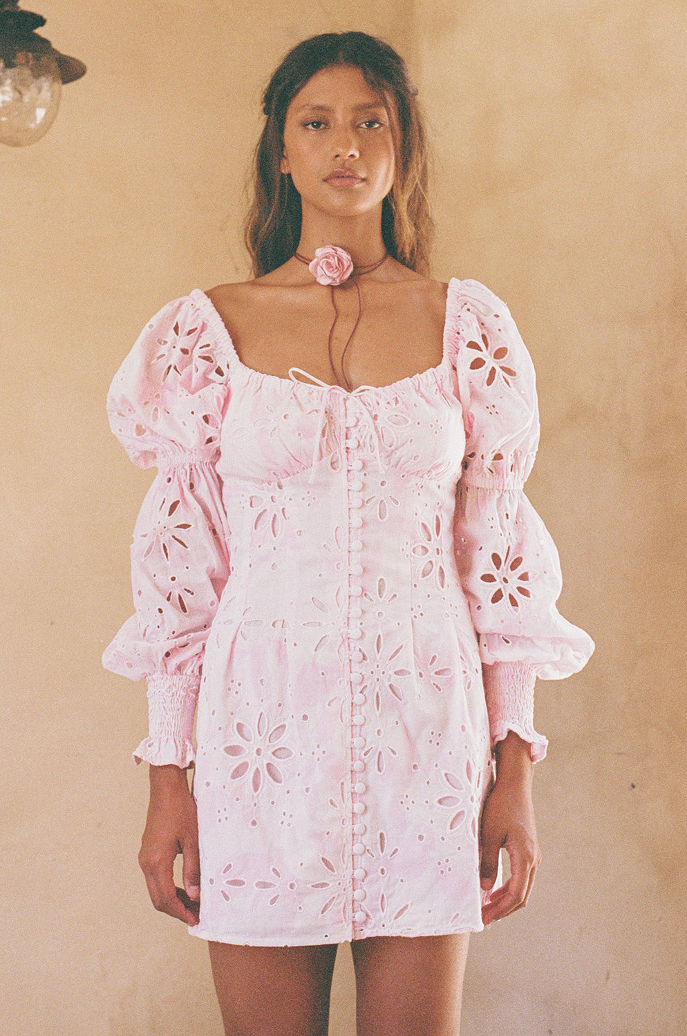 SABO LUXE Exclusive Pink Smudge Bloom Print Cotton Broderie Amala Women's Dress