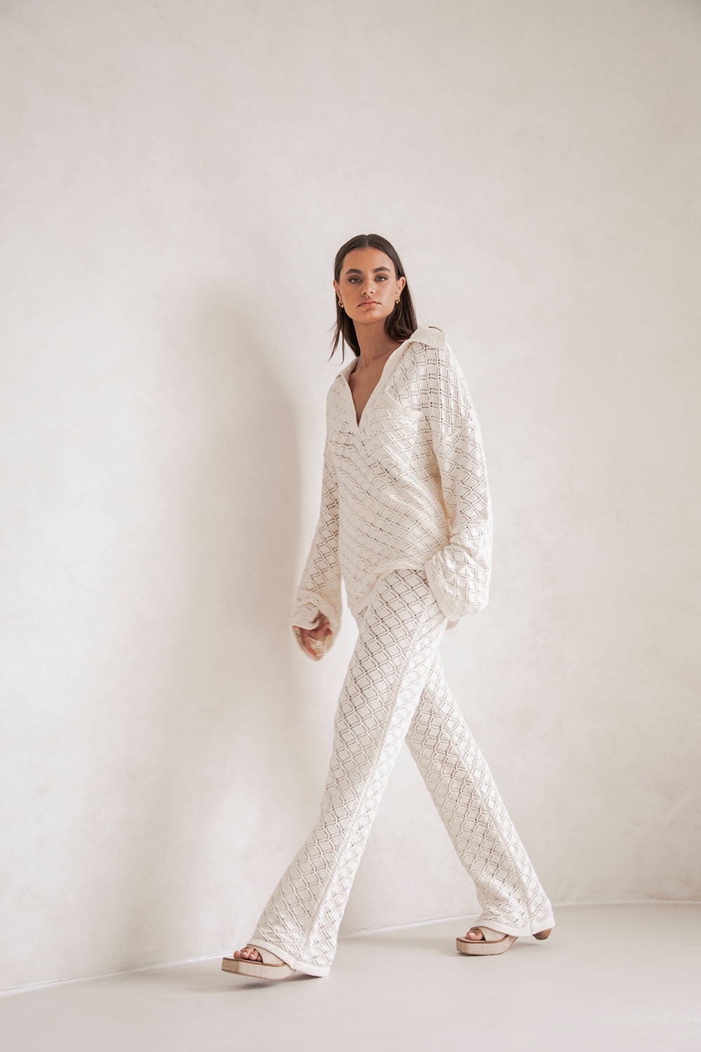 Light Cream Semi - Sheer Natural Cotton Pointelle Knit High - Waisted Jaimie Pants