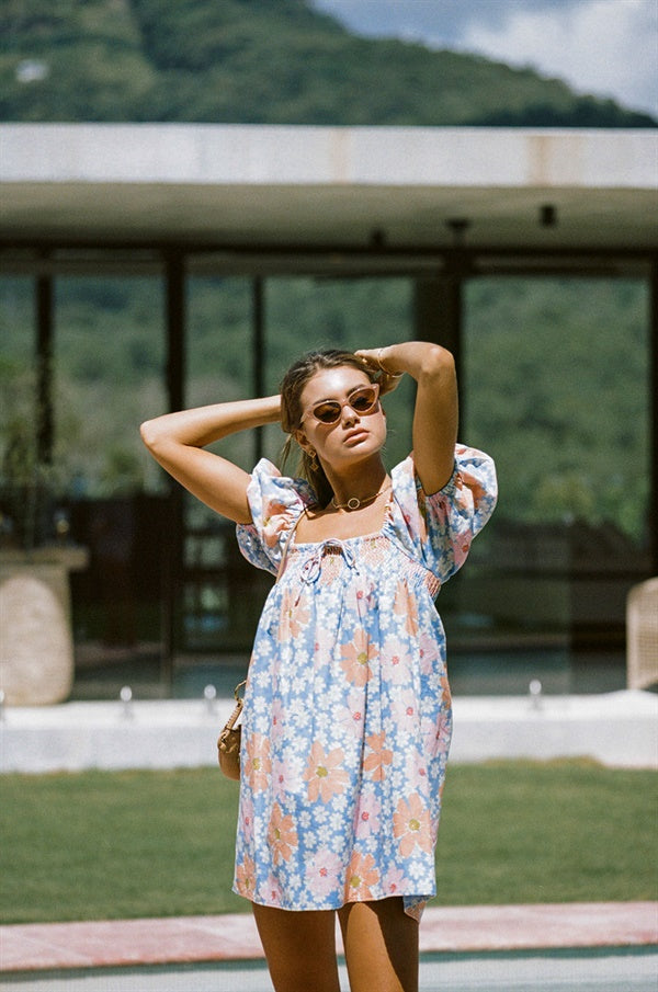 Sky Floral Print Babydoll Style Bambina Women's Dress